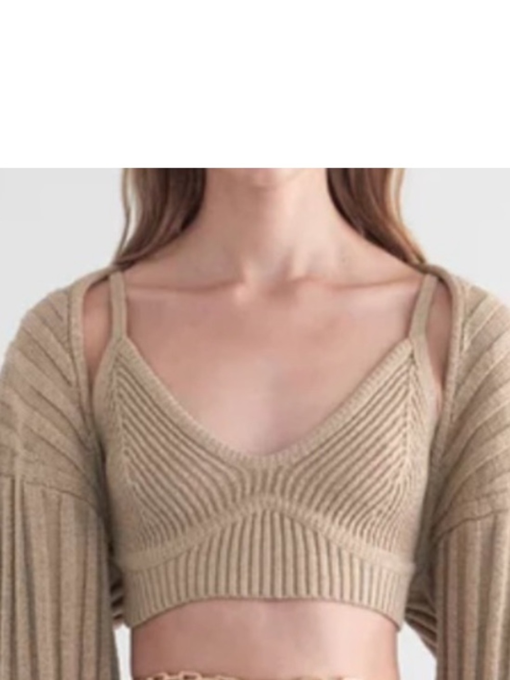 cult gaia Beige Ribbed Knit Cropped Top & Shrug Set